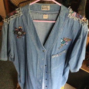 Sostanza Blue Jean 100% Cotton Short Sleeve Top Ladies L Floral Decoration vinta